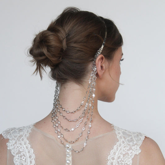 Bridal Chain Headband with Crystals, Elegant Wedding Hair Jewelry, Boho Draped Headpiece, Silver Hair Accessory for Bride or Bridesmaid