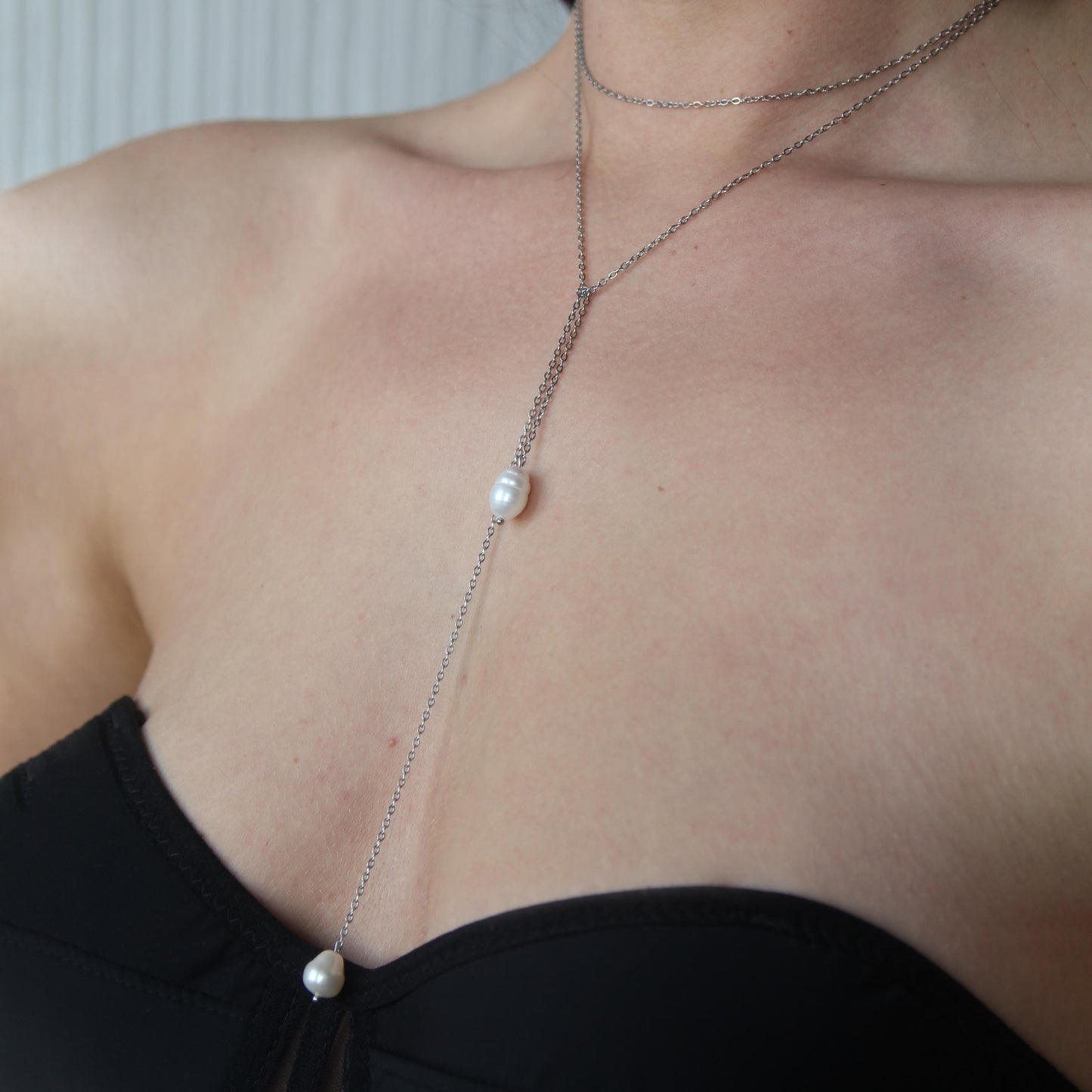Layered Necklace with Freshwater Pearls, Y Chain Choker, Long Dainty Gold or Silver Necklace, Elegant Jewelry for Women, Wife Birthday Gift