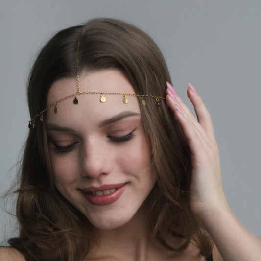 Boho Coin Dangle Headpiece, Gypsy Festival Head Chain, Belly Dance Hair Jewelry, Vintage Coin Headband, Elegant Bohemian Hair Accessory
