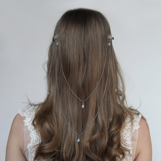 Bridal Floral Double Hair Clip with Dangling Chains & Crystals, Elegant Wedding Hairpiece, Boho Hair Jewelry for Bride or Bridesmaids