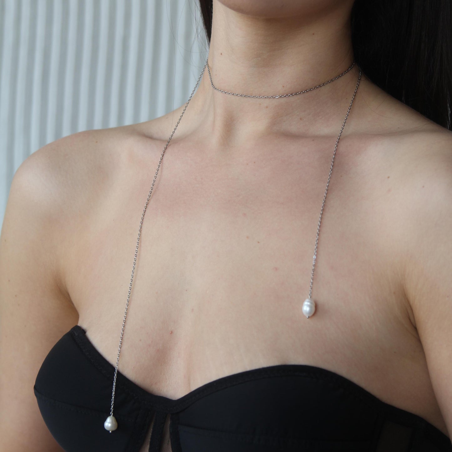 Layered Necklace with Freshwater Pearls, Y Chain Choker, Long Dainty Gold or Silver Necklace, Elegant Jewelry for Women, Wife Birthday Gift