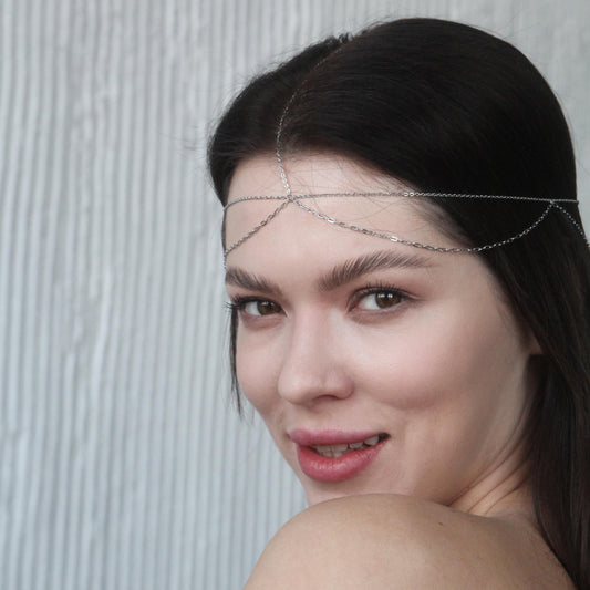 Freshwater Pearl Head Chain, Bridal Wedding Headpiece, Silver Forehead Jewelry, Boho Hair Chain, Maang Tikka for Bride