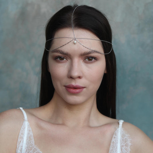 Freshwater Pearl Head Chain, Bridal Wedding Headpiece, Silver Forehead Jewelry, Boho Hair Chain, Maang Tikka for Bride