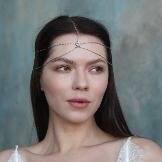 Double Chain Forehead Jewelry with Heart Charm, Dainty Head Chain for Women, Boho Bridal and Festival Hair Accessory