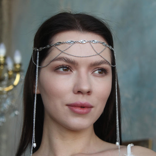 Fairycore Head Chain Jewelry, Silver Elf Tiara for Women, Perfect for Fantasy Photoshoots, Cosplay, Renaissance Fairs, Boho Festivals