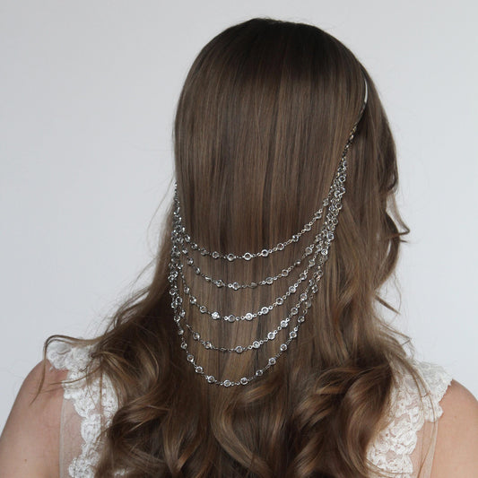 Bridal Chain Headband with Crystals, Elegant Wedding Hair Jewelry, Boho Draped Headpiece, Silver Hair Accessory for Bride or Bridesmaid