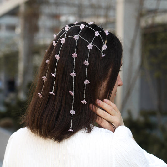 Floral Metal Veil for Women, Boho Headpiece with Flowers and Chains, Bridal Hair Accessory, Festival Jewelry