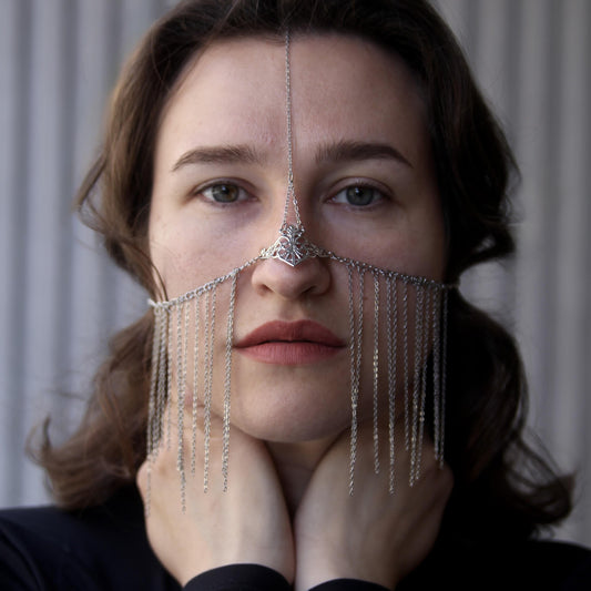 Ethnic Face Chain Jewelry with Fringe, Arabic Nose Harness Mask, Boho Belly Dance Headpiece, Oriental Festival Costume Accessory