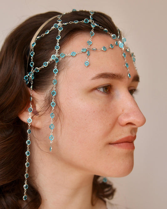 Chainmail Headpiece with Crystals, Medieval Fantasy Tiara, Boho Festival Hair Jewelry, Statement Chain Crown