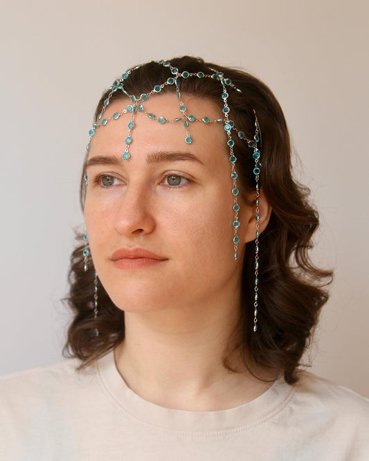 Chainmail Headpiece with Crystals, Medieval Fantasy Tiara, Boho Festival Hair Jewelry, Statement Chain Crown