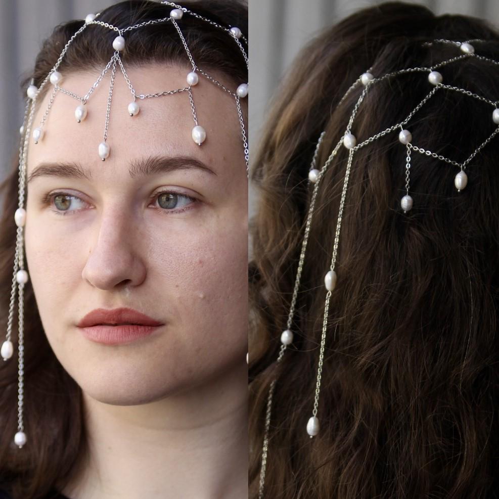 Freshwater Pearl Head Chain, Boho Bridal Hair Jewelry, Elegant Wedding Headband for Bride or Bridesmaids, Bohemian Gift