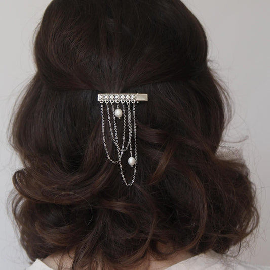 flower hair clip with dangling chains and crystal or pearl drop, bridal boho wedding hair accessory, floral hairpiece for party or festival