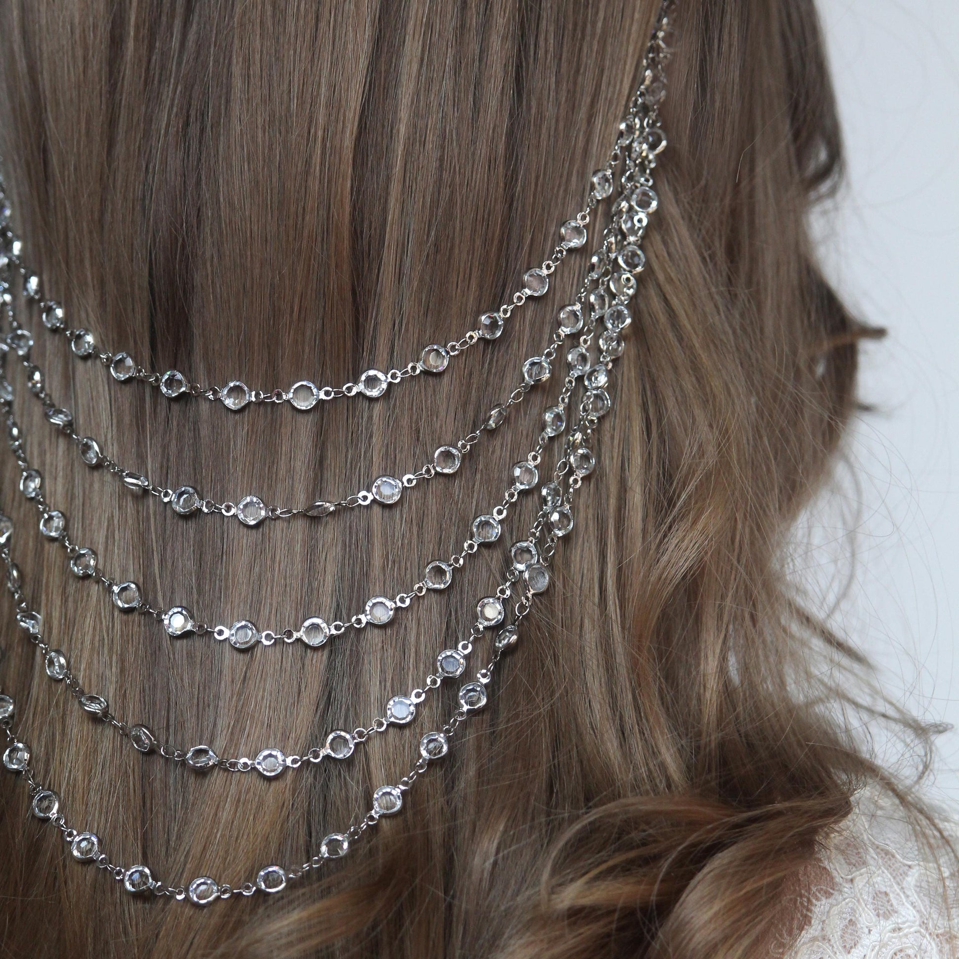 Bridal Chain Headband with Crystals, Elegant Wedding Hair Jewelry, Boho Draped Headpiece, Silver Hair Accessory for Bride or Bridesmaid