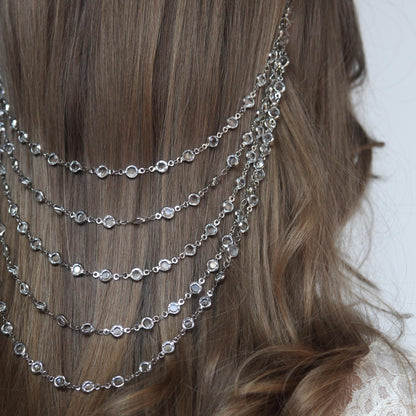 Bridal Chain Headband with Crystals, Elegant Wedding Hair Jewelry, Boho Draped Headpiece, Silver Hair Accessory for Bride or Bridesmaid