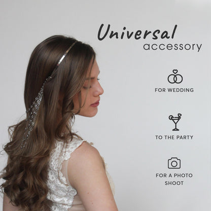 Bridal Chain Headband with Crystals, Elegant Wedding Hair Jewelry, Boho Draped Headpiece, Silver Hair Accessory for Bride or Bridesmaid