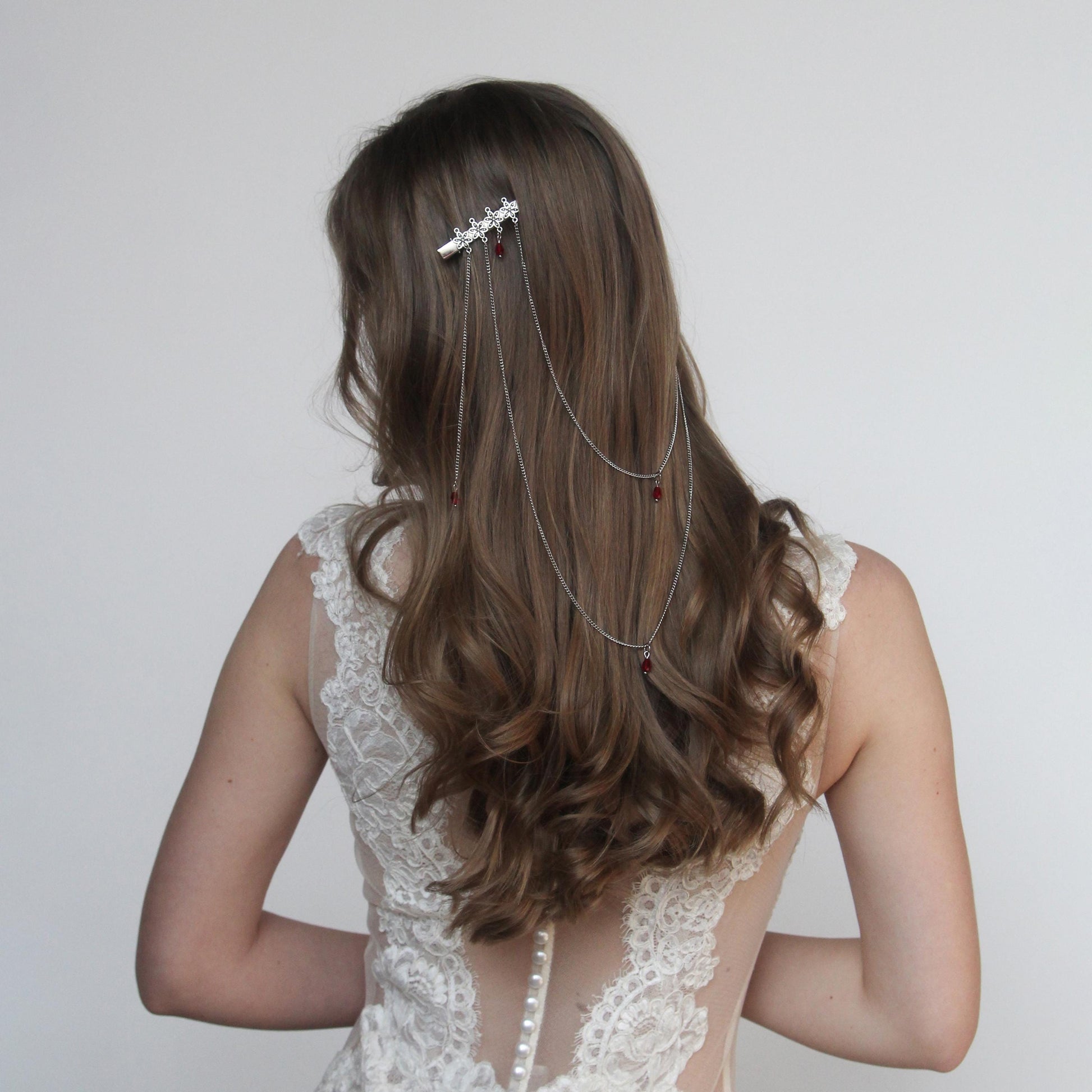 Bridal Floral Double Hair Clip with Dangling Chains & Crystals, Elegant Wedding Hairpiece, Boho Hair Jewelry for Bride or Bridesmaids