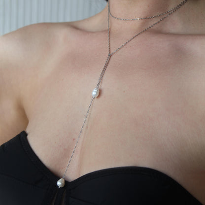 Layered Necklace with Freshwater Pearls, Y Chain Choker, Long Dainty Gold or Silver Necklace, Elegant Jewelry for Women, Wife Birthday Gift
