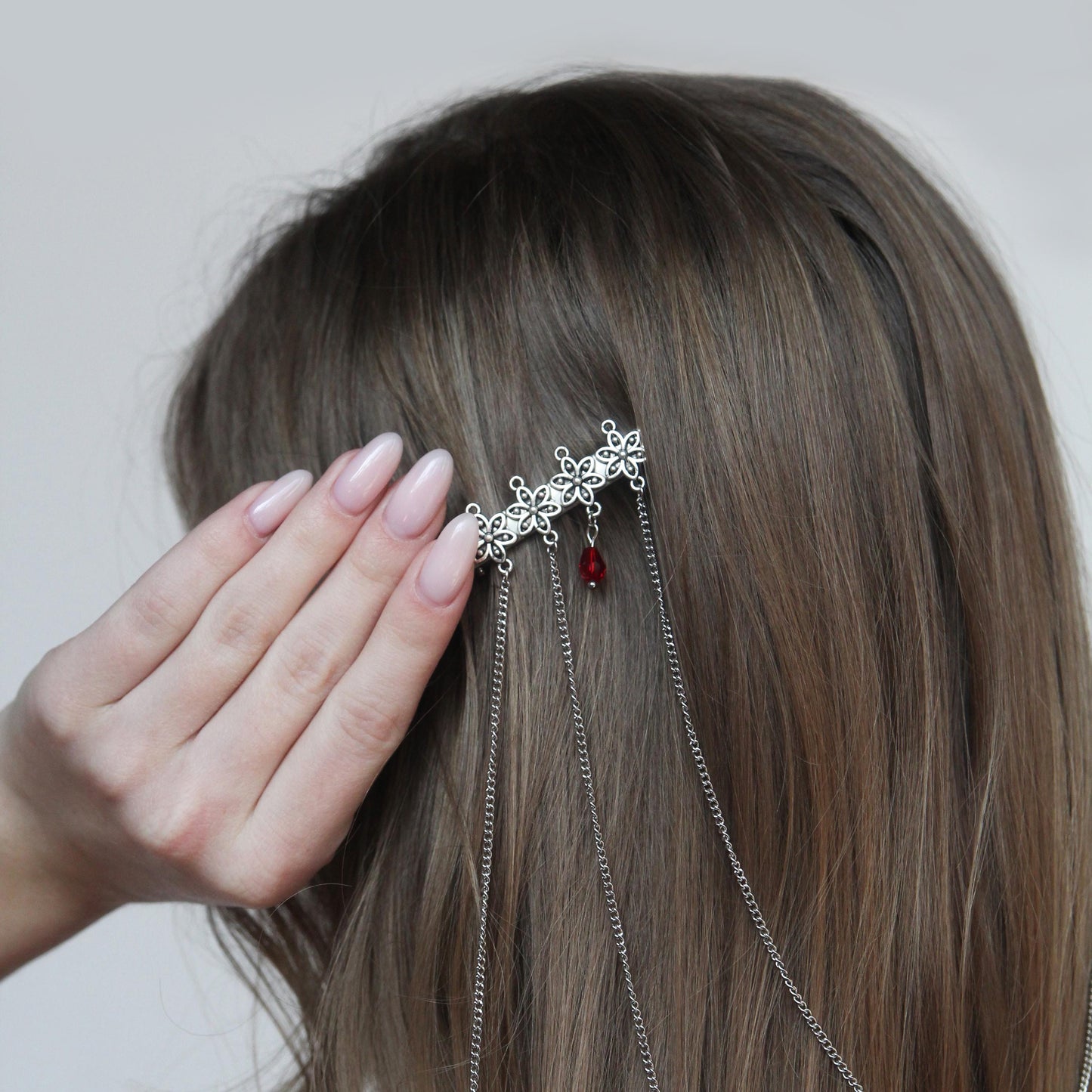 Bridal Floral Double Hair Clip with Dangling Chains & Crystals, Elegant Wedding Hairpiece, Boho Hair Jewelry for Bride or Bridesmaids