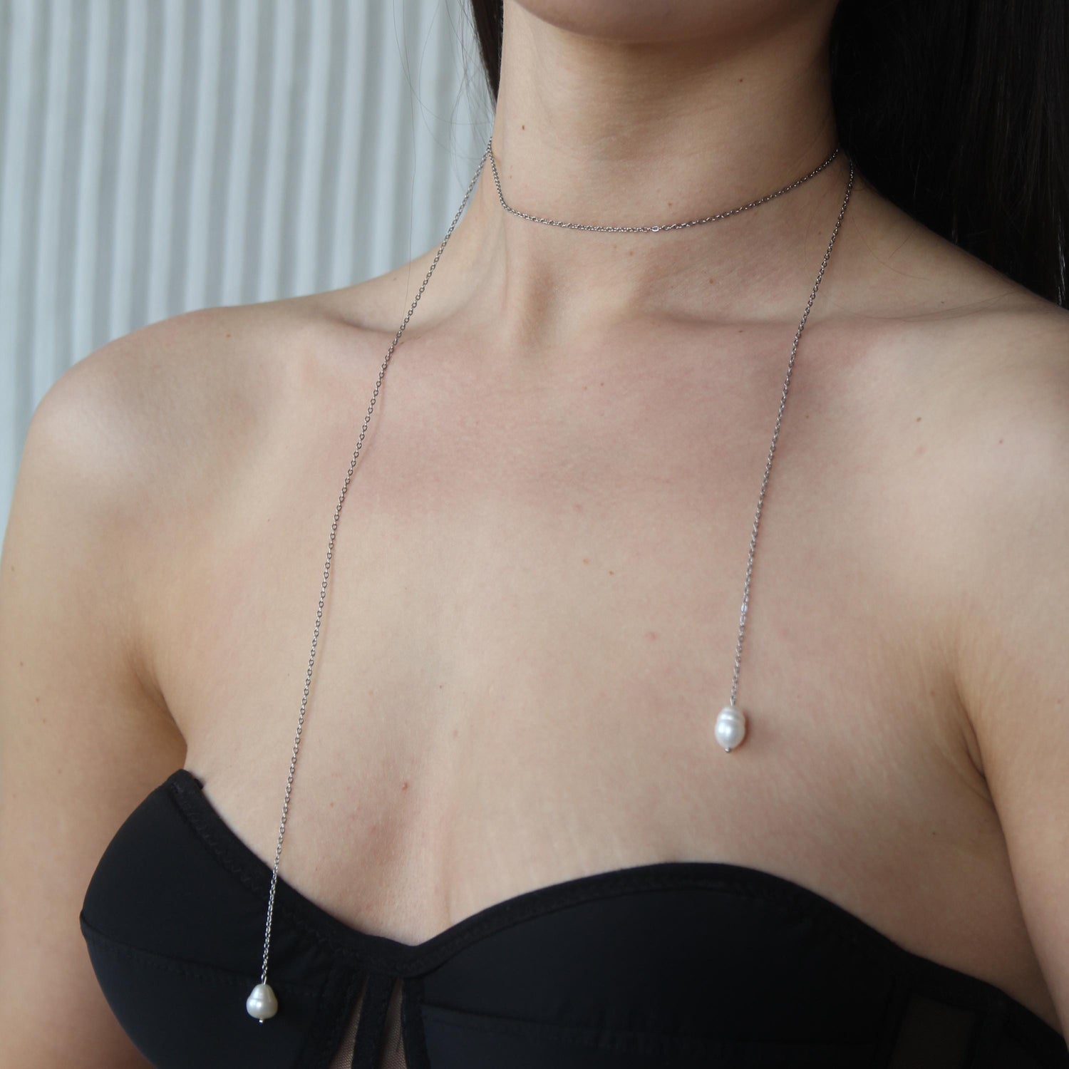 Layered Necklace with Freshwater Pearls, Y Chain Choker, Long Dainty Gold or Silver Necklace, Elegant Jewelry for Women, Wife Birthday Gift