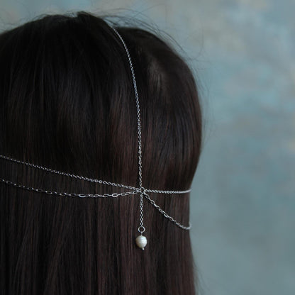 Freshwater Pearl Head Chain, Bridal Wedding Headpiece, Silver Forehead Jewelry, Boho Hair Chain, Maang Tikka for Bride