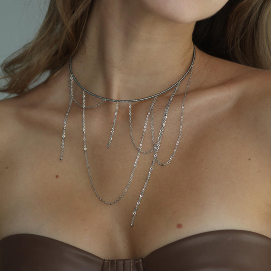 Collar Necklace With Dangling Chains, Asymmetrical Chain Choker, Statement Fringe Necklace, Y2K Jewelry, Layered Choker, Festival Jewelry