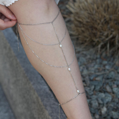 Layered Leg Chain Bracelet with Crystals or Pearls, Boho Foot Jewelry, Trendy Multi-Layer Anklet, Elegant Summer Accessory for Women