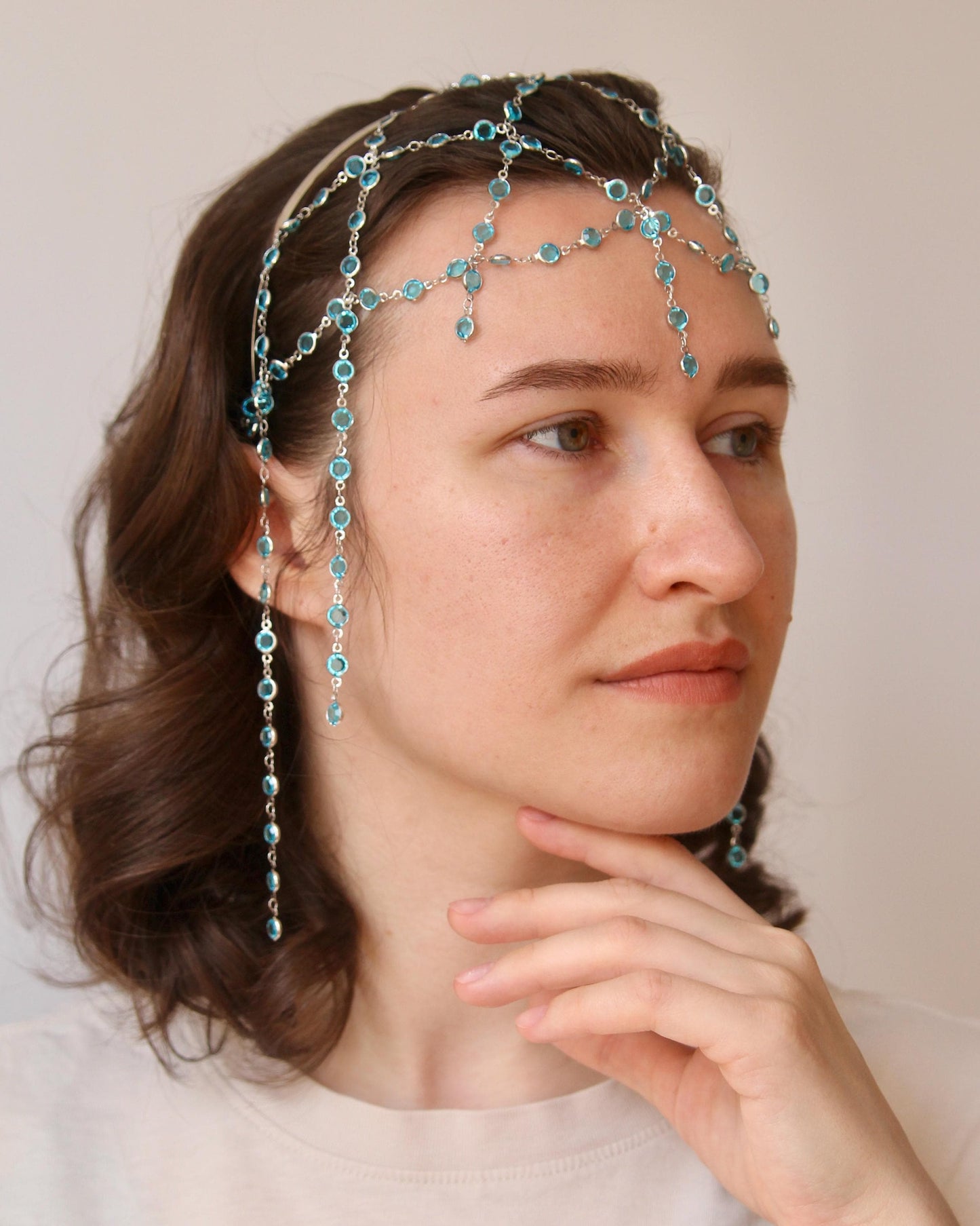 Chainmail Headpiece with Crystals, Medieval Fantasy Tiara, Boho Festival Hair Jewelry, Statement Chain Crown
