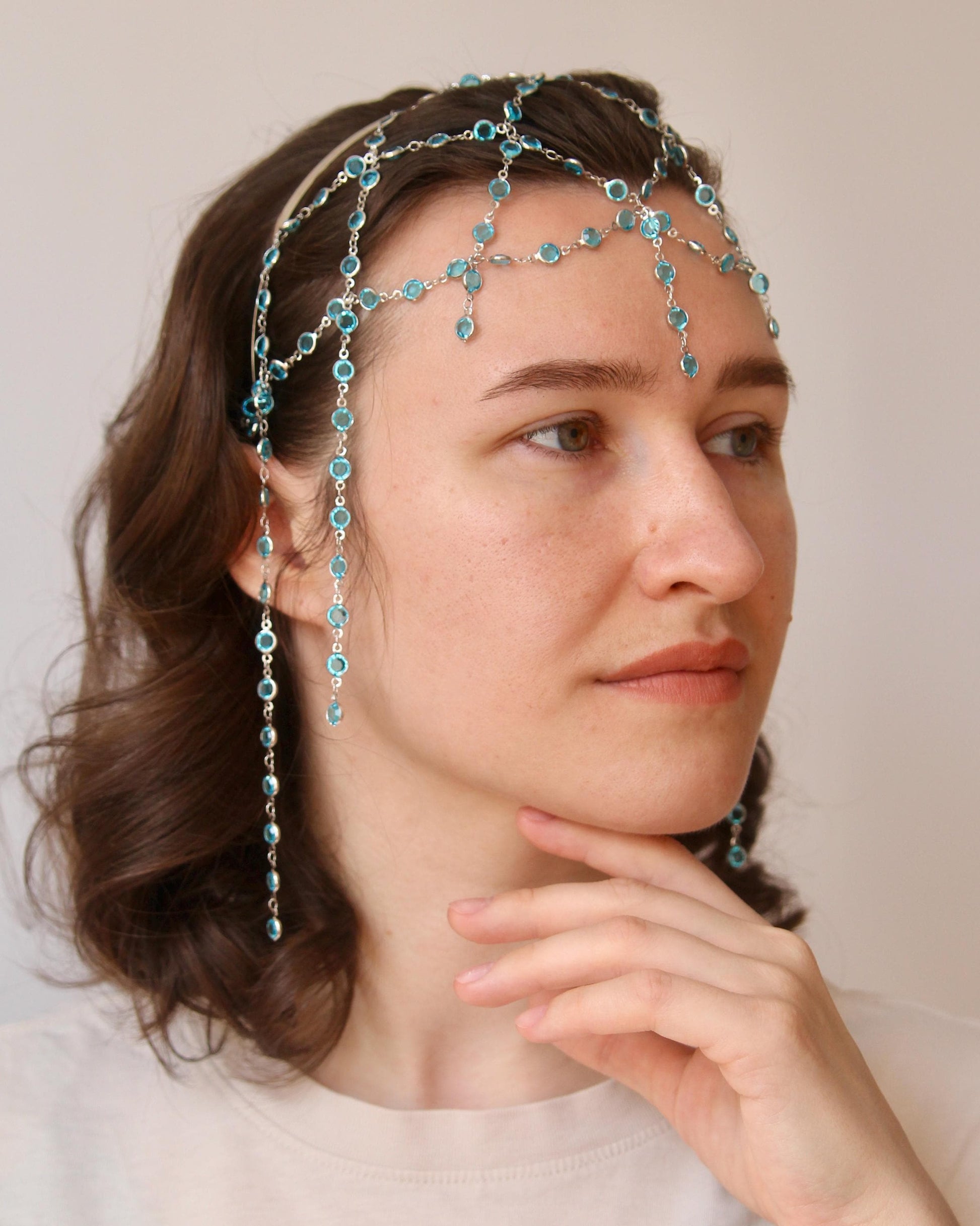 Chainmail Headpiece with Crystals, Medieval Fantasy Tiara, Boho Festival Hair Jewelry, Statement Chain Crown