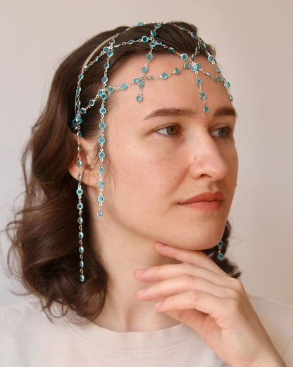 Chainmail Headpiece with Crystals, Medieval Fantasy Tiara, Boho Festival Hair Jewelry, Statement Chain Crown