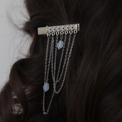 flower hair clip with dangling chains and crystal or pearl drop, bridal boho wedding hair accessory, floral hairpiece for party or festival