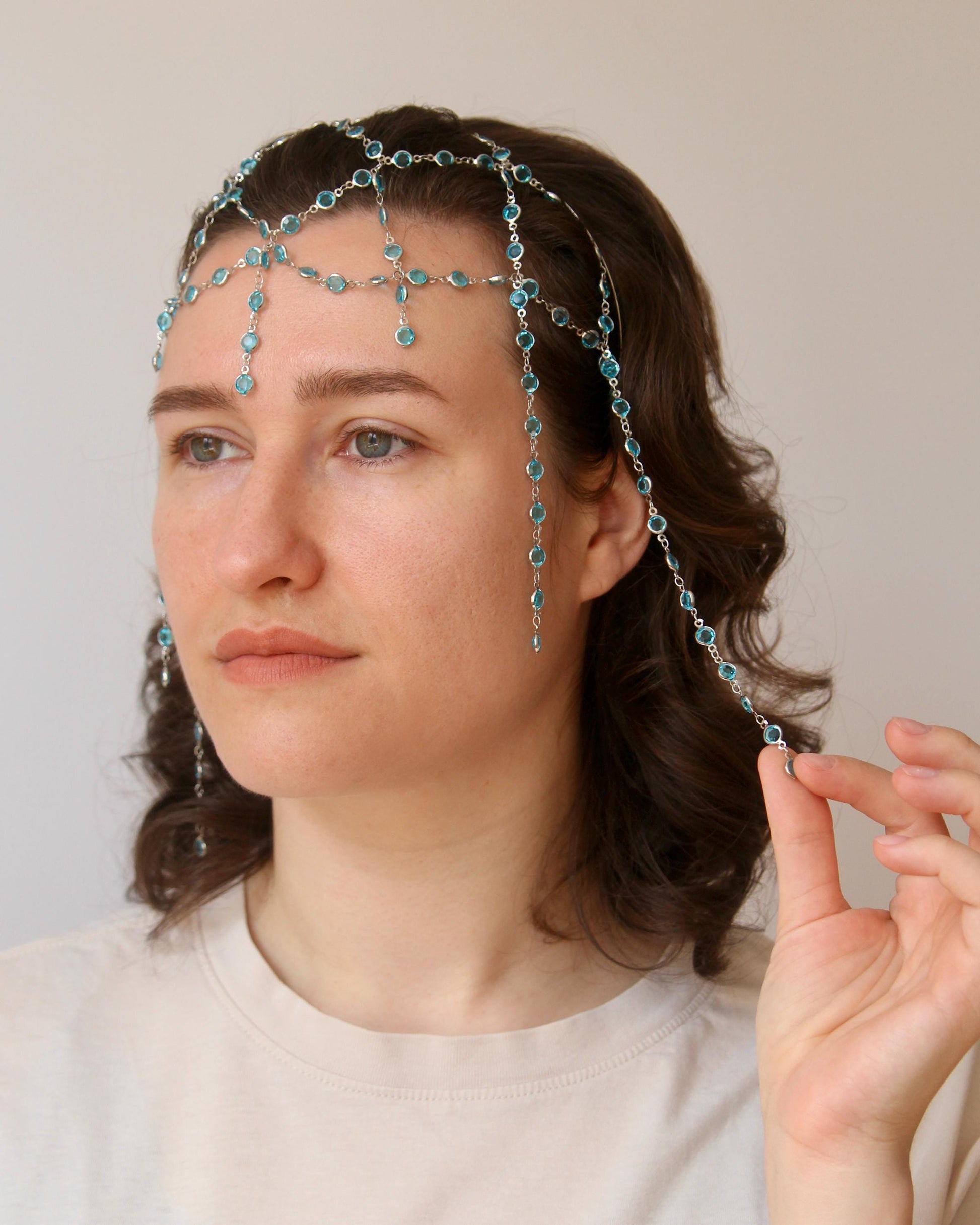 Chainmail Headpiece with Crystals, Medieval Fantasy Tiara, Boho Festival Hair Jewelry, Statement Chain Crown