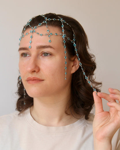 Chainmail Headpiece with Crystals, Medieval Fantasy Tiara, Boho Festival Hair Jewelry, Statement Chain Crown