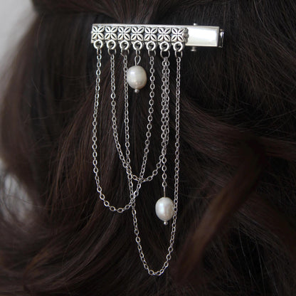 flower hair clip with dangling chains and crystal or pearl drop, bridal boho wedding hair accessory, floral hairpiece for party or festival