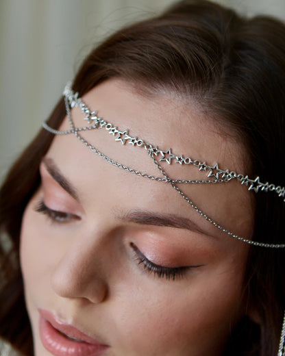 Bridal Star Head Chain, Celestial Wedding Forehead Jewelry with Dangling Chains, Elegant Hair Accessory for Bride and Bridesmaids