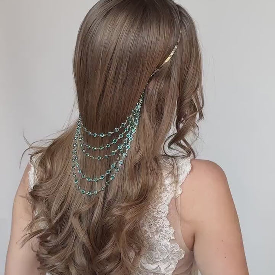 Bridal Chain Headband with Crystals, Elegant Wedding Hair Jewelry, Boho Draped Headpiece, Silver Hair Accessory for Bride or Bridesmaid