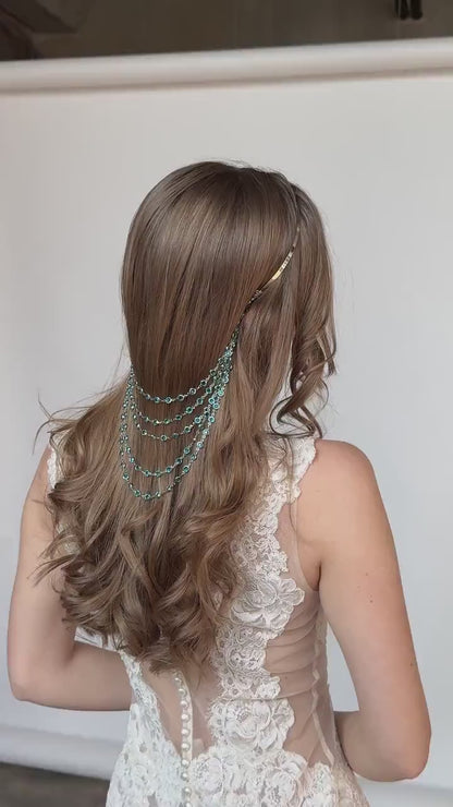 Bridal Chain Headband with Crystals, Elegant Wedding Hair Jewelry, Boho Draped Headpiece, Silver Hair Accessory for Bride or Bridesmaid