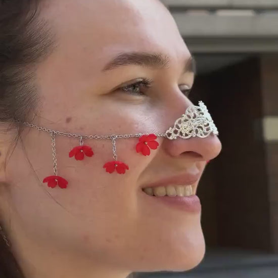Floral Nose Chain Face Jewelry, Dainty Face Chain for Women, Boho Festival Head Chain, Lightweight Flower Accessory