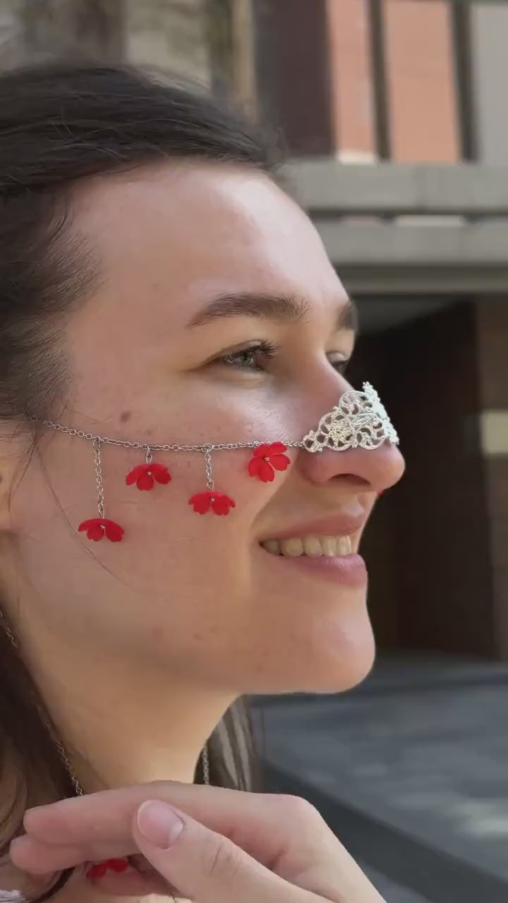 Floral Nose Chain Face Jewelry, Dainty Face Chain for Women, Boho Festival Head Chain, Lightweight Flower Accessory