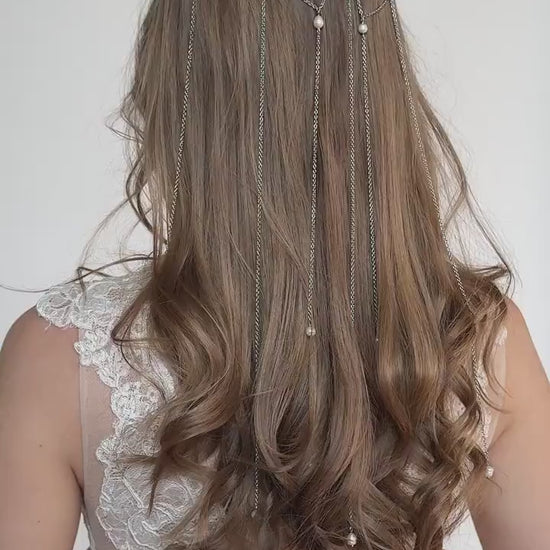 Bridal Head Chain with Freshwater Pearls or Crystals, Elegant Dangling Headpiece, Boho Wedding Hair Jewelry for Bride or Bridesmaid