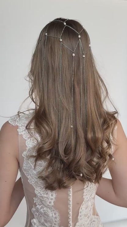 Bridal Head Chain with Freshwater Pearls or Crystals, Elegant Dangling Headpiece, Boho Wedding Hair Jewelry for Bride or Bridesmaid