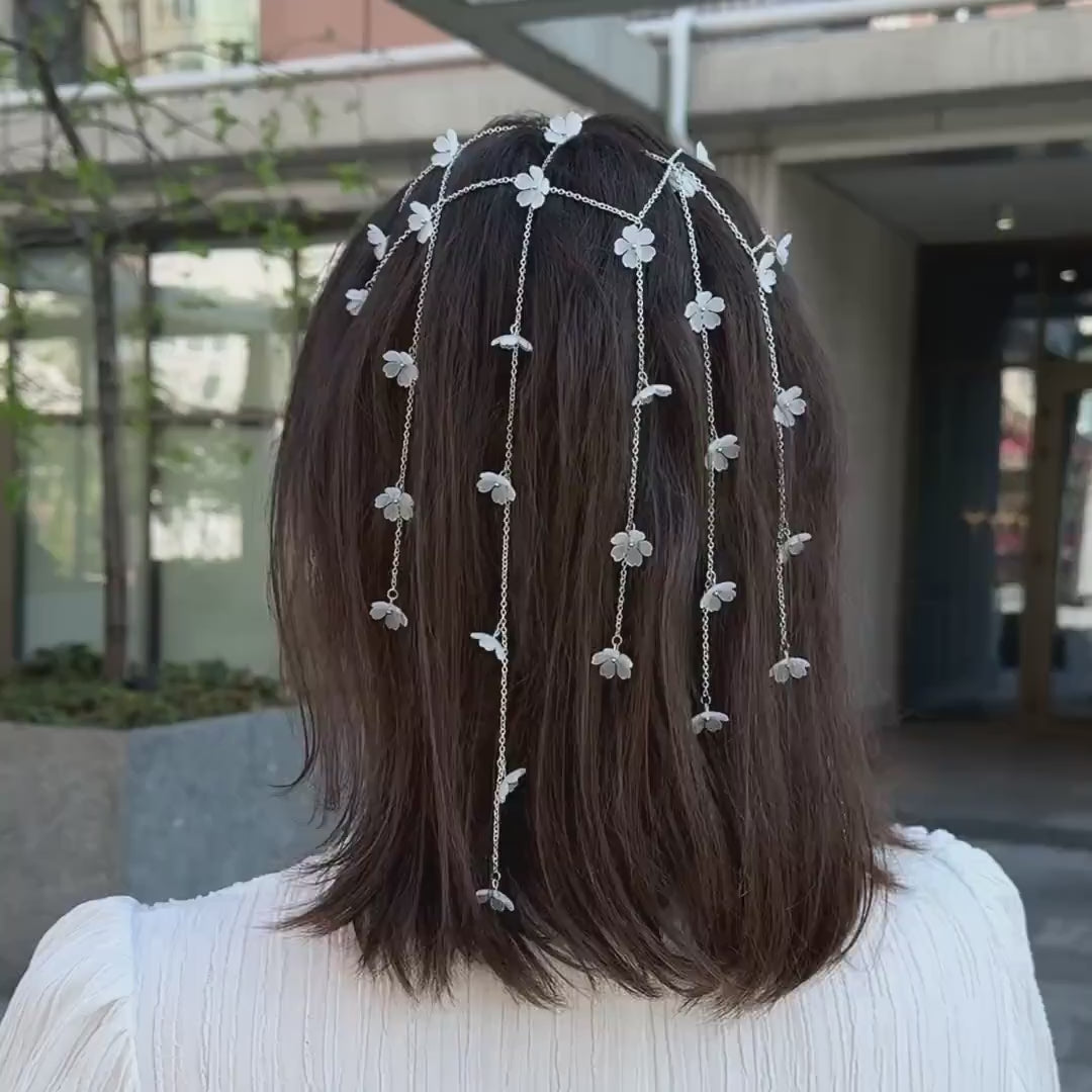Floral Metal Veil for Women, Boho Headpiece with Flowers and Chains, Bridal Hair Accessory, Festival Jewelry