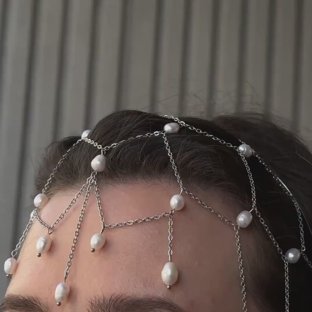 Freshwater Pearl Head Chain, Boho Bridal Hair Jewelry, Elegant Wedding Headband for Bride or Bridesmaids, Bohemian Gift